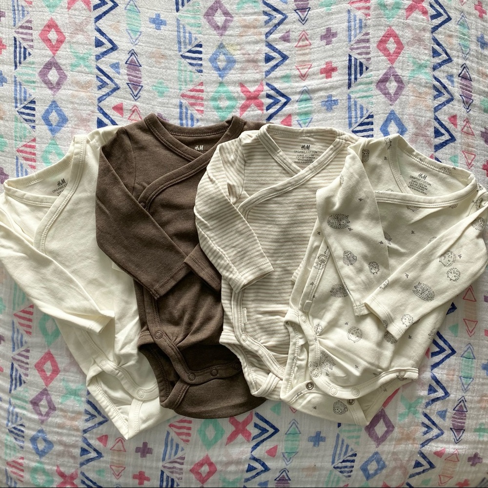 H&M Neutral Baby Long-Sleeve One-Piece Set in Cream & Brown